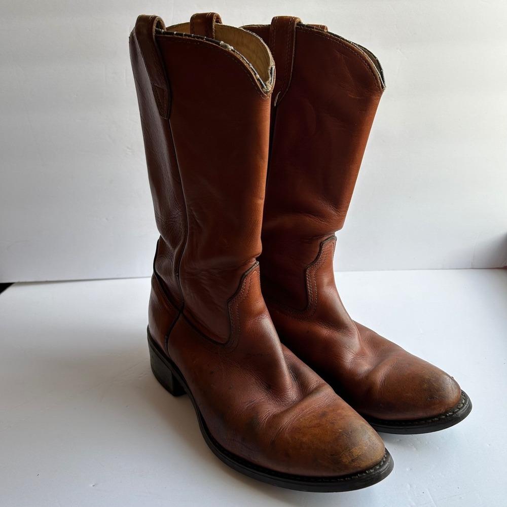 VTG Acme Cowboy Boots Mens 8.5 D Brown Leather Western Pull On 9096 Slip Res USA - Picture 2 of 14